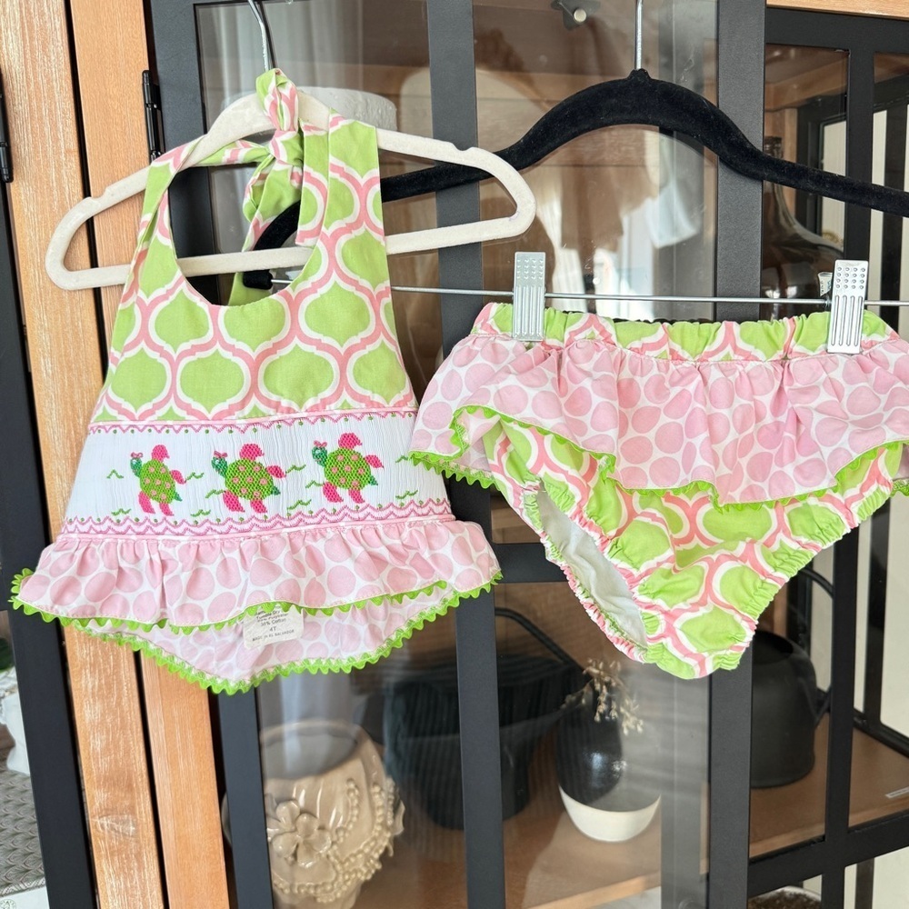 Shrimp & Grits smocked turtles swimsuit bikini set ruffle bottoms halter toddler